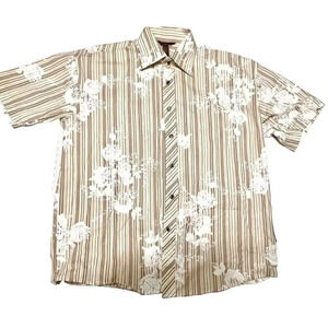 Men's MED Vintage 90s Jackpot Hawaiian T Shirt Floral Beige Fancy Buttons Cotton